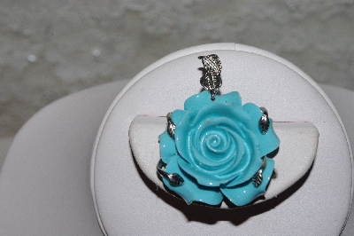 +MBAAC #001-9434  "Hand Carved Bone Dyed Turquoise Blue Rose Pendant"