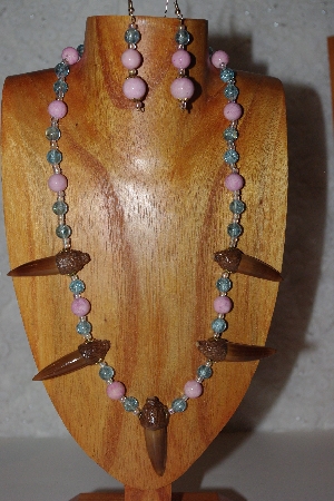+MBAAC #02-9755  "Valley Oak Acorn Beads, Pink & Blue Bead Necklace & Earring Set"