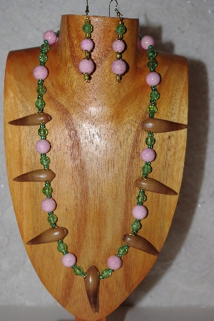 +MBAAC #02-9776  "Valley Oak Acorn Beads, Pink & Green Bead Necklace & Earring Set"