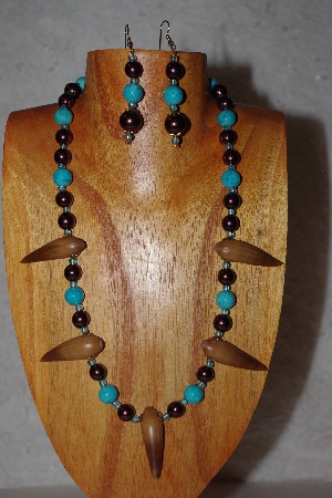 +MBAAC #02-9795  "Valley Oak Acorn Beads, Brown & Blue Bead Necklace & Earring Set"