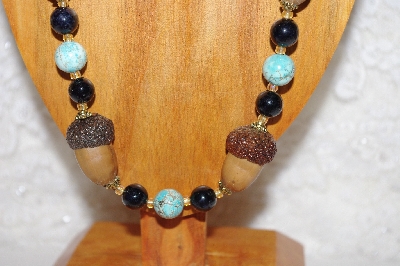 +MBAAC #02-9816  "White Oak Acorn Beads, Magnesite  & Black Bead Necklace & Earring Set"