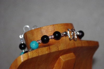 +MBAAC #02-9853  "Pearl White Hand Made Cluster Beads, Blue & Black Bead Necklace & Earring Set"