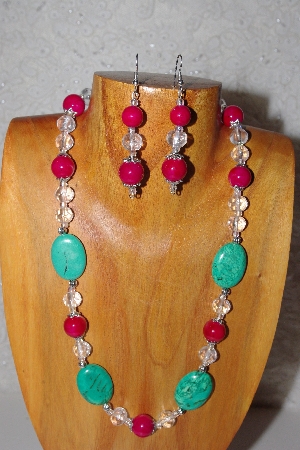 +MBAAC #03-0145  "One Of A Kind Green,Rose & Clear Glass Bead Necklace & Earring Set"