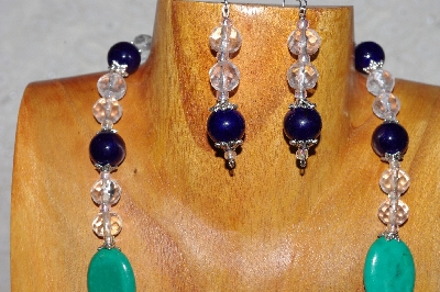 +MBAAC #03-0149  "One Of A Kind Green,DK Blue & Clear Glass Bead Necklace & Earring Set"