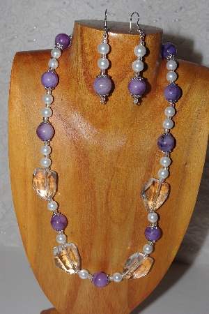 +MBAAC #03-0165   "One Of A Kind Purple,White & Clear Glass Bead Necklace & Earring Set"