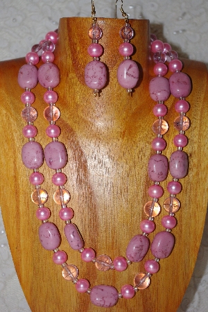 +MBADS #001-398  "Pink 2 Strand Bead Necklace & Earring Set"