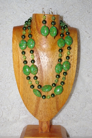 +MBADS #001-393  "Green  2 Strand Bead Necklace & Earring Set"