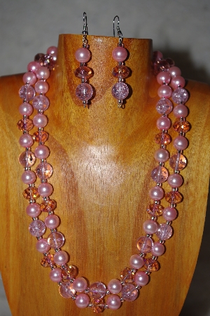 +MBADS #001-0610  "Pink Bead Two Strand Necklace & Earring Set"