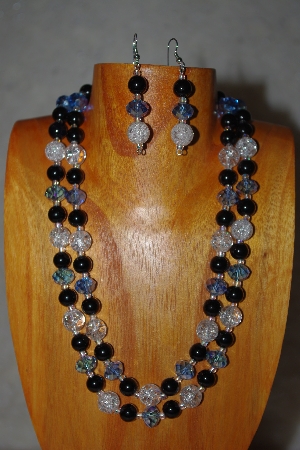 +MBADS #001-615  "Blue, Clear & Black Bead Two Strand Necklace & Earring Set"