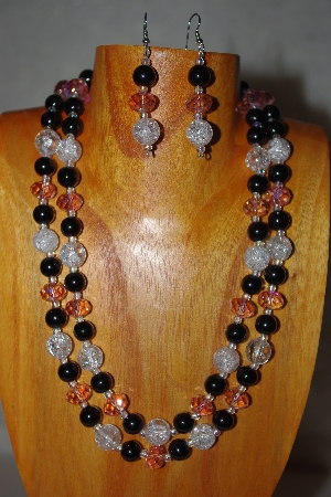 +MBADS #001-0620  "Black, Clear & Pink Bead Two Strand Necklace & Earring Set"