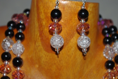 +MBADS #001-0620  "Black, Clear & Pink Bead Two Strand Necklace & Earring Set"