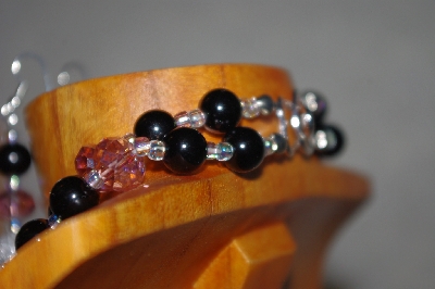 +MBADS #001-0620  "Black, Clear & Pink Bead Two Strand Necklace & Earring Set"