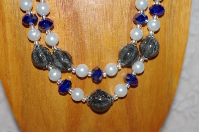 +MBADS #001-549  "Grey, Blue & White Bead Two Strand Necklace & Earring Set"