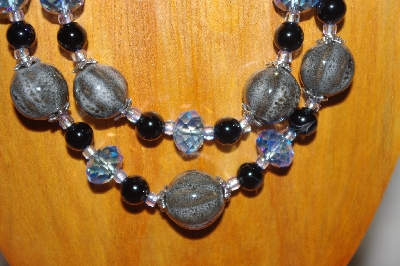 +MBADS #001-570  "Grey,Black & Blue Bead 2 Strand Necklace & Earring Set"