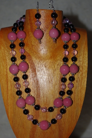 +MBADS #001-630  "Pink & Black Bead Two Strand Necklace & Earring Set"