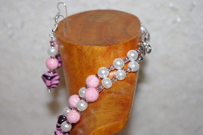 +MBADS #001-410  "Pink & White Bead Double Strand Necklace & Earring Set"