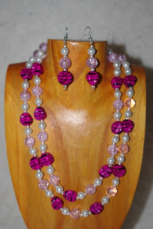 +MBADS #001-554  "Pink & White Bead Double Strand Necklace & Earring Set"