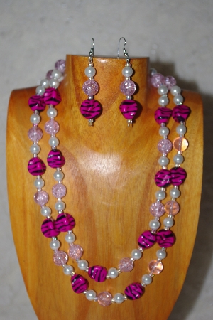 +MBADS #001-554  "Pink & White Bead Double Strand Necklace & Earring Set"