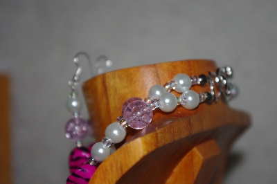 +MBADS #001-554  "Pink & White Bead Double Strand Necklace & Earring Set"