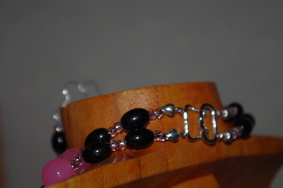 +MBADS #001-590  "Pink & Black Bead Double Strand Necklace & Earring Set"
