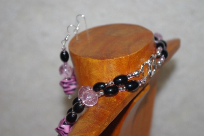 +MBADS #001-545  "Pink & Black Bead Double Strand Necklace & Earring Set"