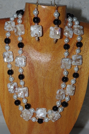 +MBADS #04-891  "Tan, Black & White Bead Necklace & Earring Set"