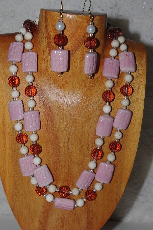 +MBADS #04-836  "Pink, White & Brown Bead Necklace & Earring Set"