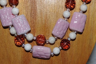 +MBADS #04-836  "Pink, White & Brown Bead Necklace & Earring Set"