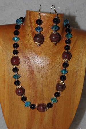 +MBASS #0003-262  "Brown, Black & Blue Bead Necklace & Earring Set"