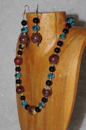 +MBASS #0003-262  "Brown, Black & Blue Bead Necklace & Earring Set"