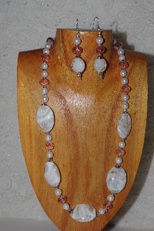 +MBASS #0003-0105 " Pink & White Bead Necklace & Earring Set"