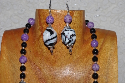 +MBASS #0003-0036  "Black,White & Lavender Bead Necklace & Earring Set"
