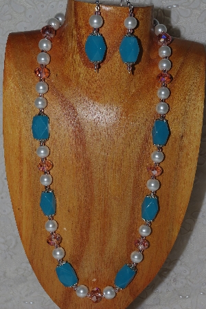 +MBASS #0003-0012  "Blue,Pink & White Bead Necklace & Earring Set"