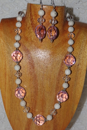 +MBAHB #58-115    "Pink,White & Clear Bead Necklace & Earring Set"