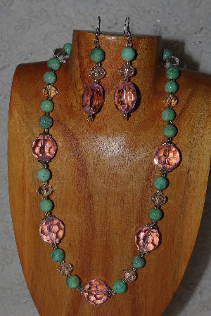 +MBAHB #58-107  "Pink,Green & Clear Bead Necklace & Earring Set"