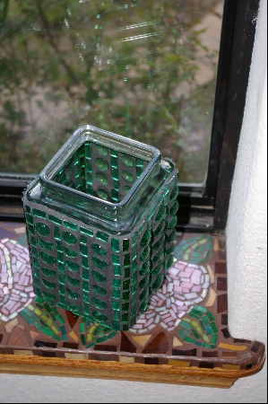 +MBA #0062  "Set Of 2 Green Stained Glass Canisters