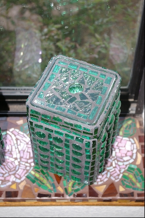 +MBA #0062  "Set Of 2 Green Stained Glass Canisters