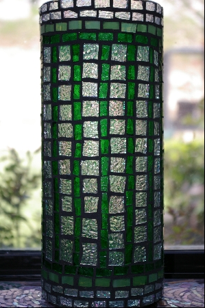 +MBA #3-033  "Large Green & Clear Stained Glass Vase