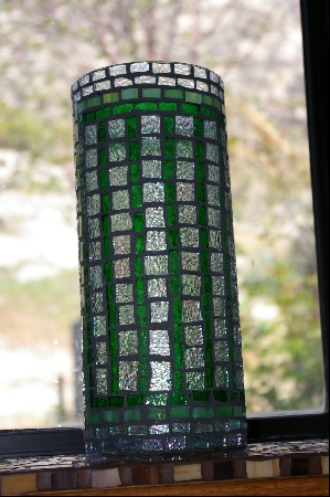 +MBA #3-033  "Large Green & Clear Stained Glass Vase