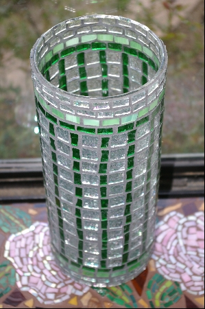 +MBA #3-033  "Large Green & Clear Stained Glass Vase