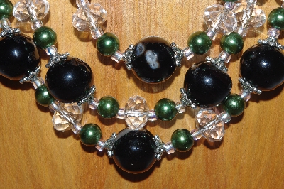+MBAMG #100-0143  "Black , Green & Clear Bead Necklace & Earring Set"
