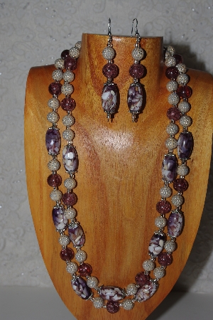 +MBAMG #100-0298  "Tan & Purple Bead Necklace & Earring Set"