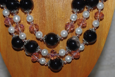 +MBAMG #100-0384  "Black,Pink & White Bead Necklace & Earring Set"