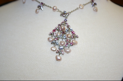+  Pink Crystal & Fresh Water Pearl Necklace With Matching Pierced Earrings
