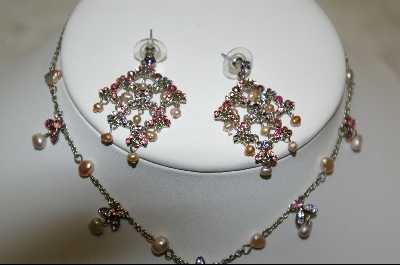+  Pink Crystal & Fresh Water Pearl Necklace With Matching Pierced Earrings