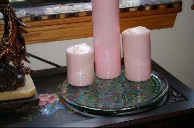 +MBA #3-043  "Set Of 2 Green Stained Glass Candle Plates