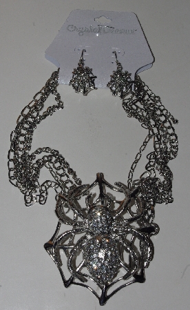 +MBAM #421-0102  "Large 4 Strand Silver Tone Spider Necklace & Matching Earring Set"+