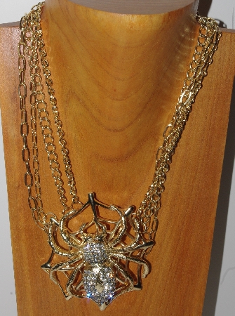 +MBAM #421-0092  "Large Gold Tone Metal 4 Strand Spider Necklace & Earring Set"
