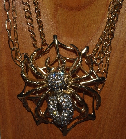 +MBAM #421-0092  "Large Gold Tone Metal 4 Strand Spider Necklace & Earring Set"