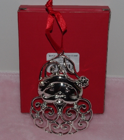 +MBA #1313-179    "Lenox Sparkle & Scroll Clear Crystal Silver Plated Santa Ornaments"